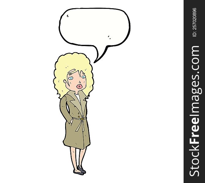 Cartoon Woman In Trench Coat With Speech Bubble