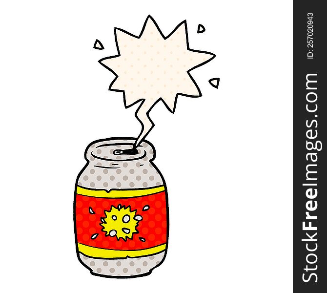 cartoon can of soda with speech bubble in comic book style