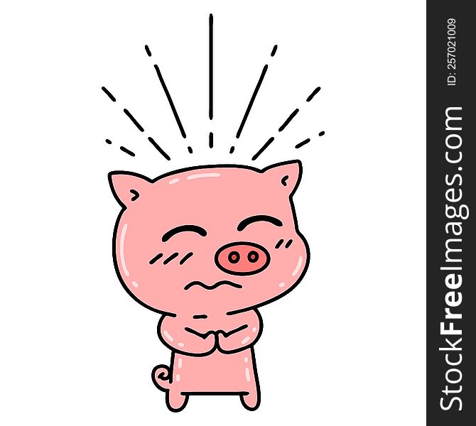 illustration of a traditional tattoo style nervous pig character