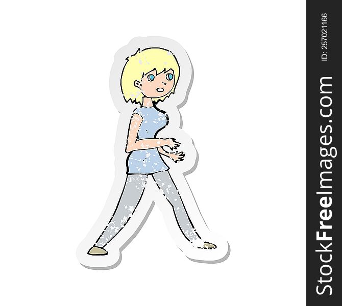 retro distressed sticker of a cartoon woman walking