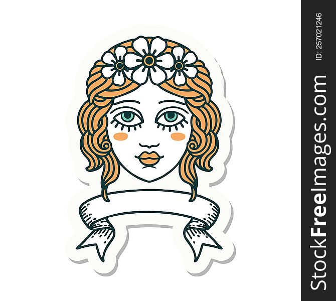 tattoo style sticker with banner of female face with crown of flowers