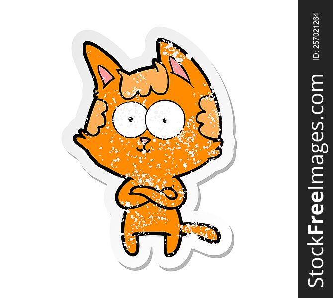 Distressed Sticker Of A Happy Cartoon Cat With Crossed Arms