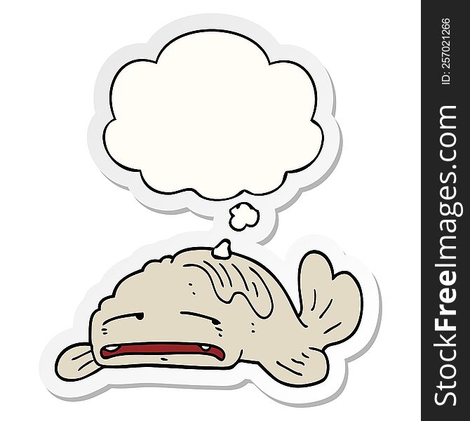 cartoon sad old fish with thought bubble as a printed sticker
