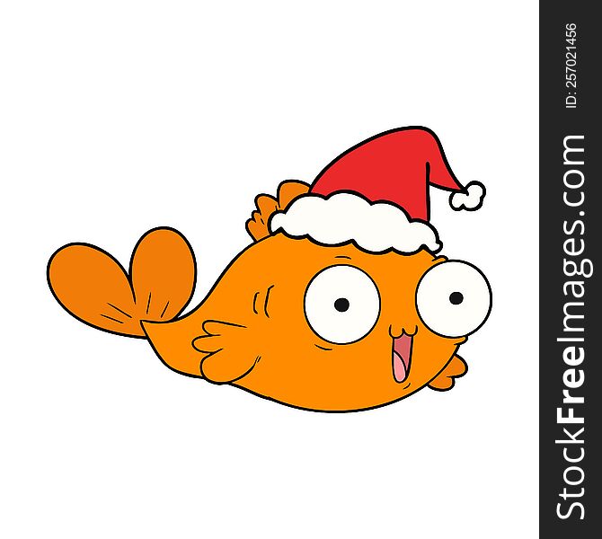 happy goldfish hand drawn line drawing of a wearing santa hat. happy goldfish hand drawn line drawing of a wearing santa hat
