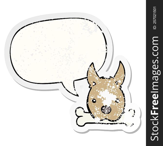 cartoon dog with bone with speech bubble distressed distressed old sticker. cartoon dog with bone with speech bubble distressed distressed old sticker