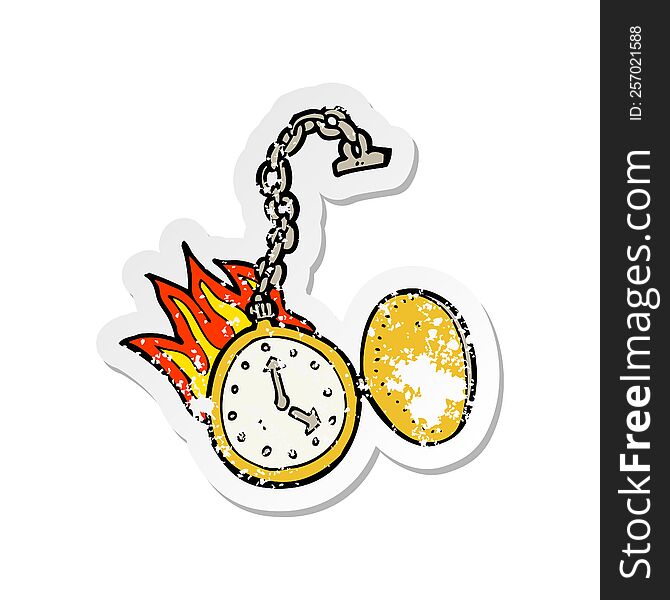 retro distressed sticker of a cartoon flaming watch