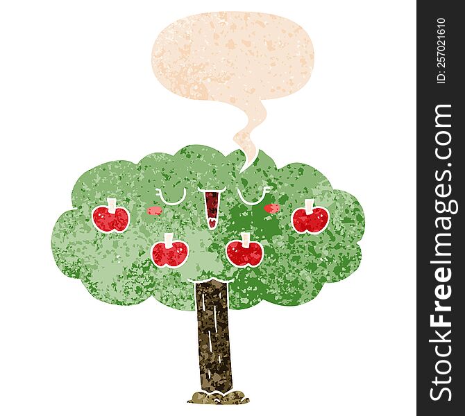 Cartoon Apple Tree And Speech Bubble In Retro Textured Style