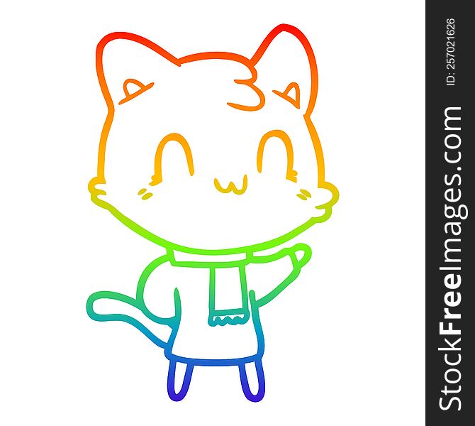 Rainbow Gradient Line Drawing Cartoon Happy Cat Wearing Scarf