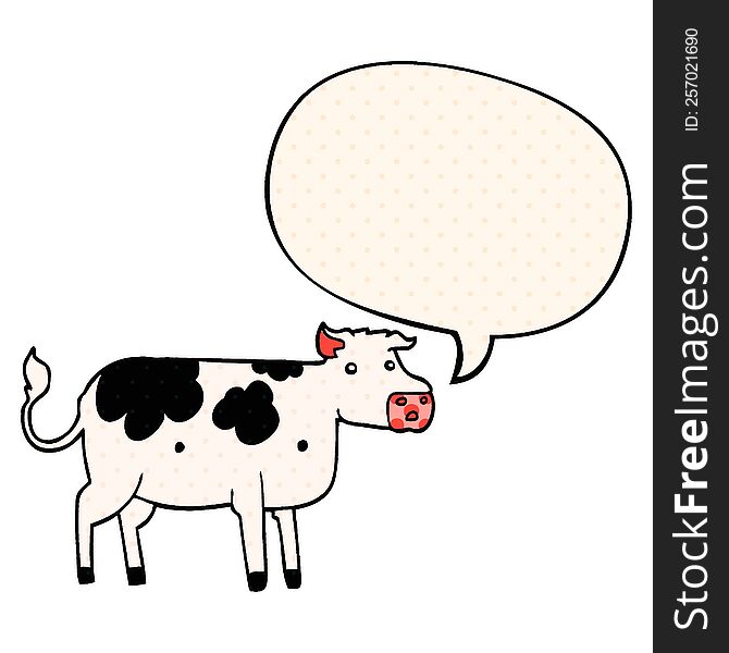 cartoon cow with speech bubble in comic book style
