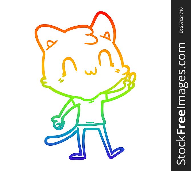 rainbow gradient line drawing cartoon happy cat giving peace sign