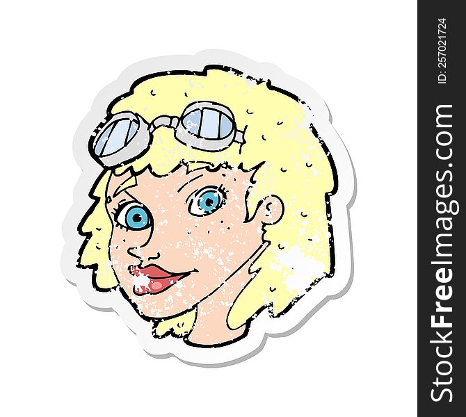 retro distressed sticker of a cartoon happy woman wearing aviator goggles