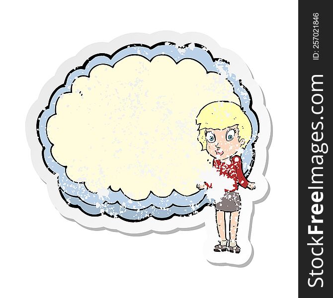 retro distressed sticker of a woman with text space cloud
