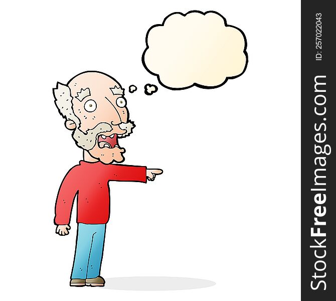 Cartoon Scared Old Man Pointing With Thought Bubble