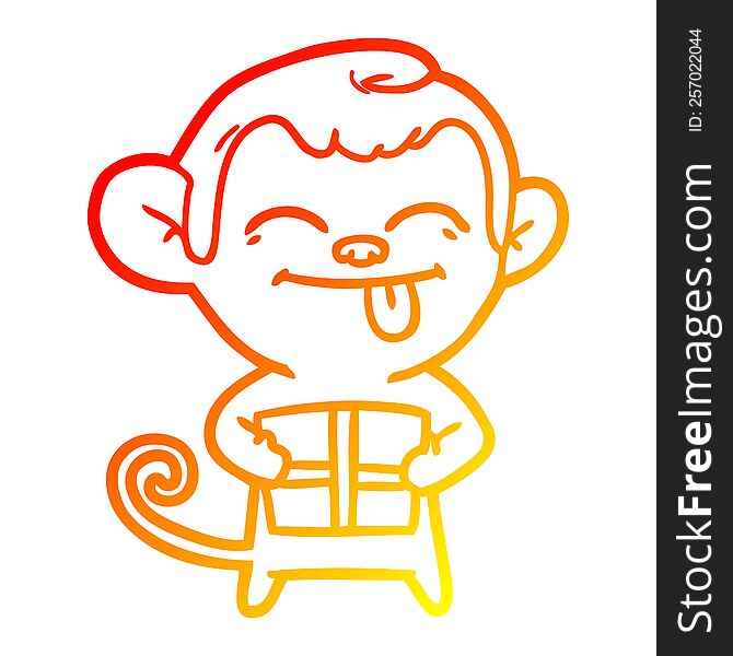 Warm Gradient Line Drawing Funny Cartoon Monkey With Christmas Present