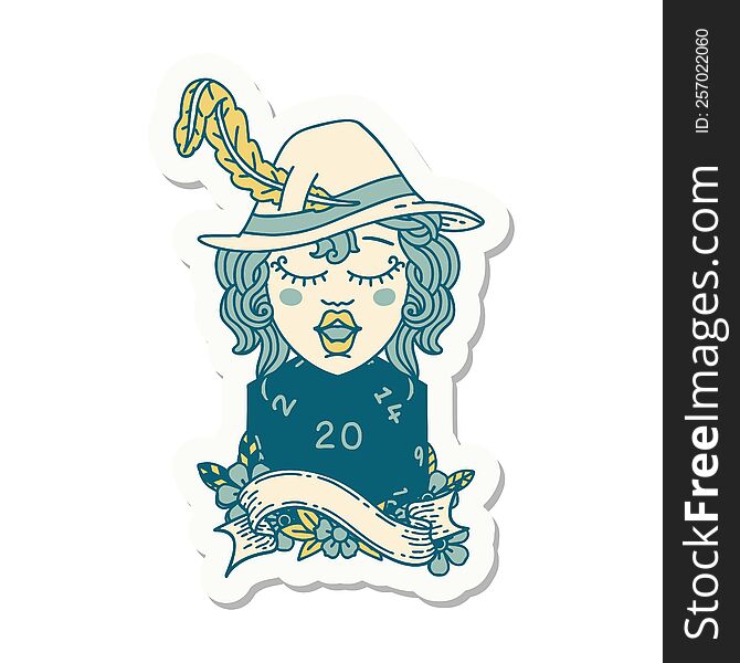 sticker of a human bard with natural 20 dice roll. sticker of a human bard with natural 20 dice roll