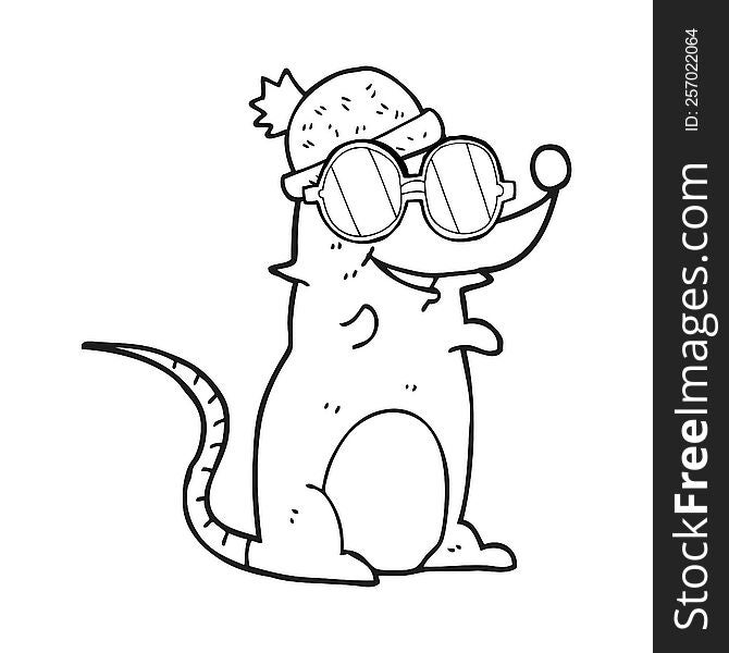 freehand drawn black and white cartoon mouse wearing glasses and hat