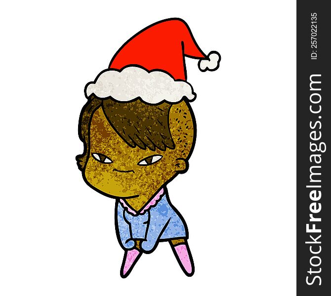 Cute Textured Cartoon Of A Girl With Hipster Haircut Wearing Santa Hat
