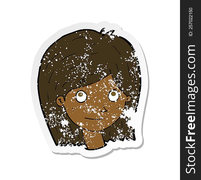 Retro Distressed Sticker Of A Cartoon Happy Female Face