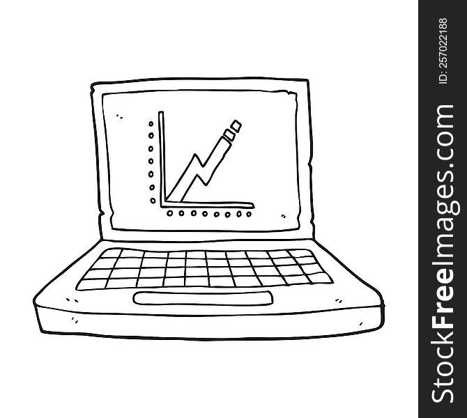 black and white cartoon laptop computer with business graph