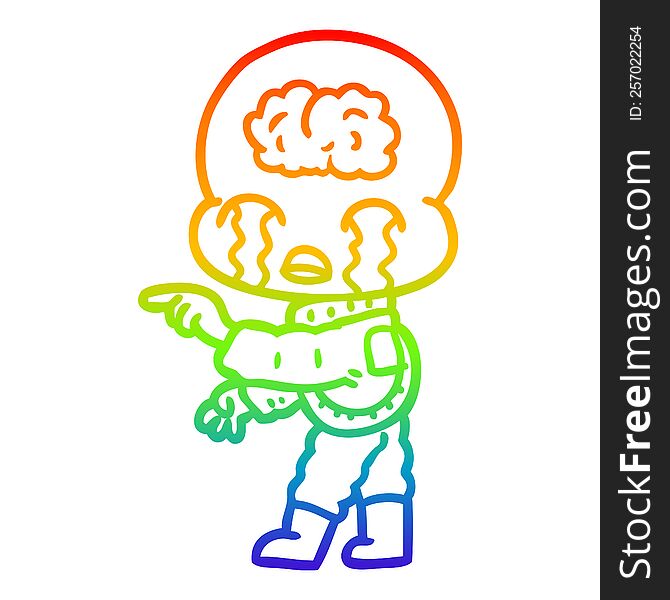Rainbow Gradient Line Drawing Cartoon Big Brain Alien Crying And Pointing