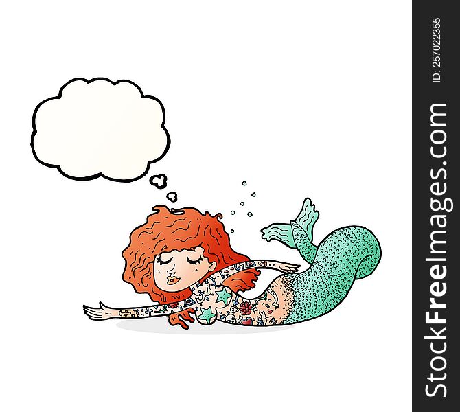 cartoon mermaid with tattoos with thought bubble