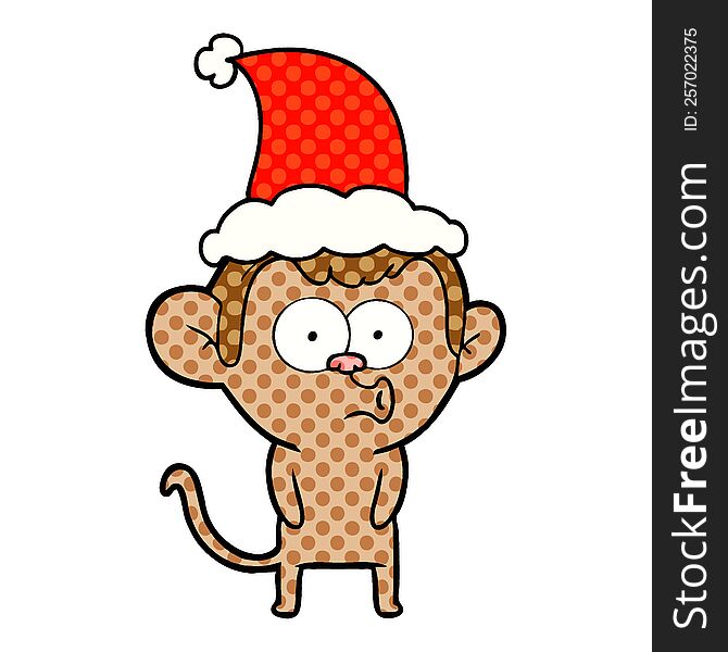 hand drawn comic book style illustration of a hooting monkey wearing santa hat