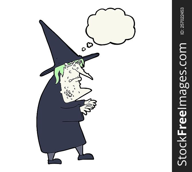 cartoon ugly old witch with thought bubble
