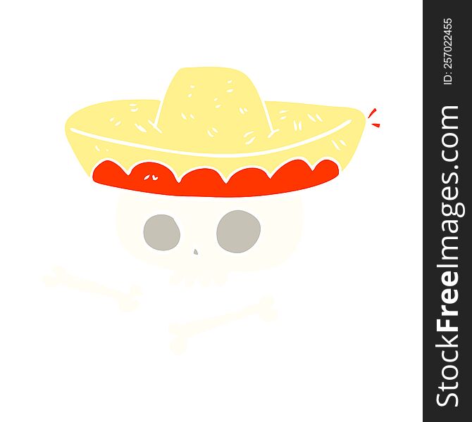 Flat Color Illustration Of A Cartoon Skull In Mexican Hat
