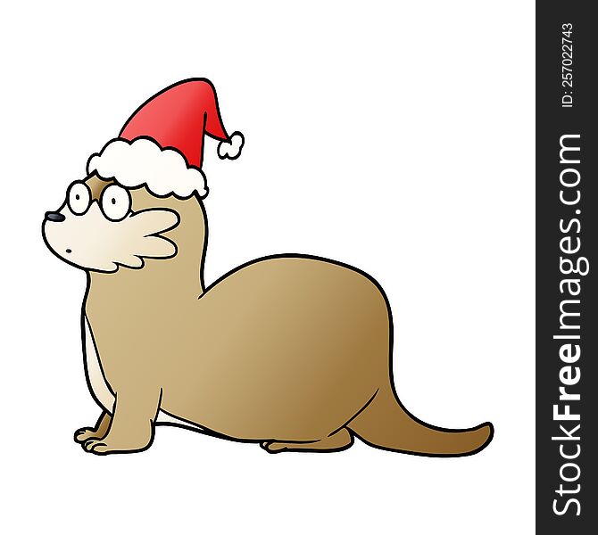 hand drawn gradient cartoon of a otter wearing santa hat
