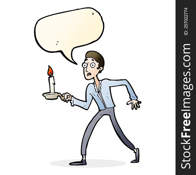 Cartoon Frightened Man Walking With Candlestick With Speech Bubble