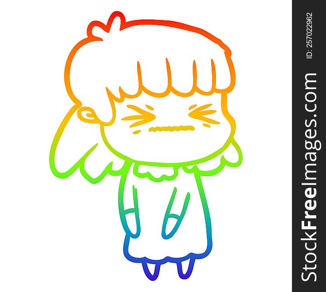 rainbow gradient line drawing of a cartoon angry girl