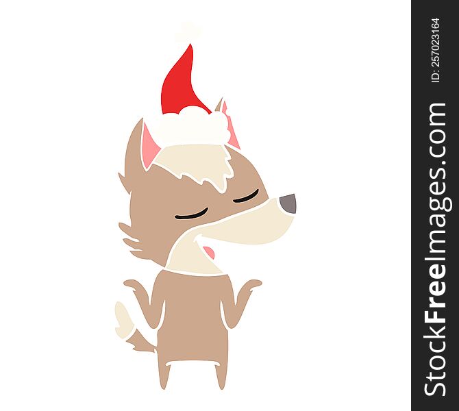 Flat Color Illustration Of A Wolf Laughing Wearing Santa Hat