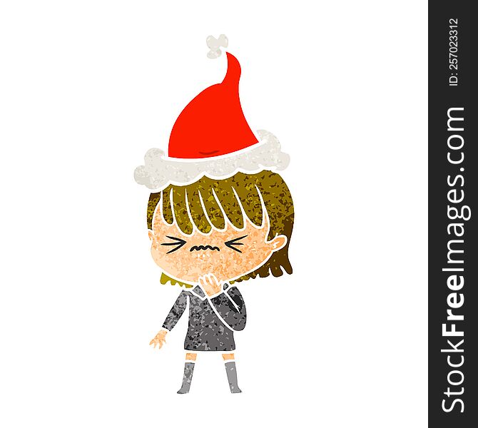 Retro Cartoon Of A Girl Regretting A Mistake Wearing Santa Hat