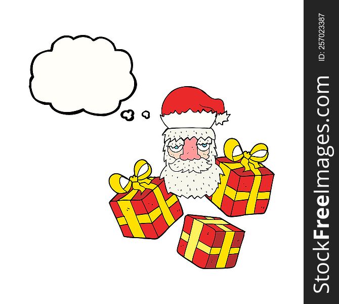freehand drawn thought bubble cartoon tired santa claus face with presents