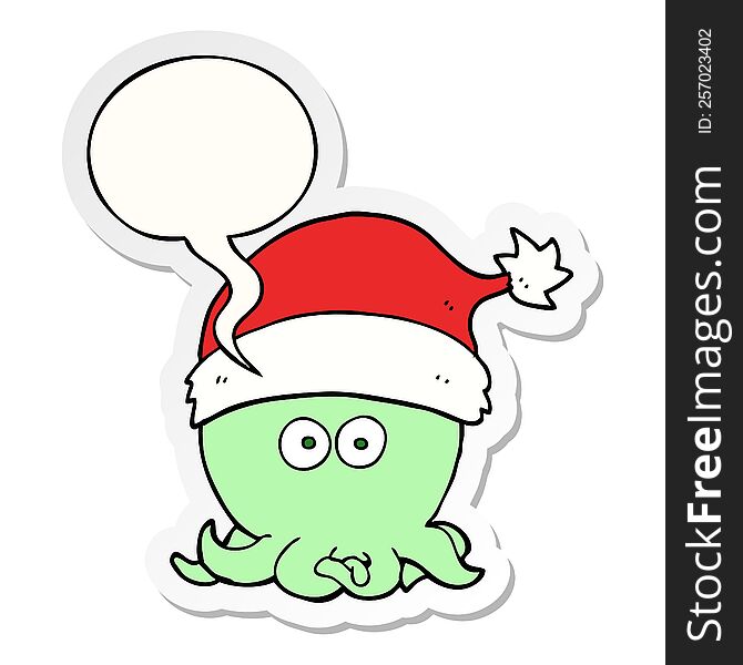 Cartoon Octopus Wearing Christmas Hat And Speech Bubble Sticker