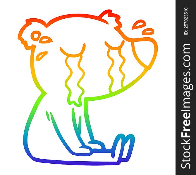 rainbow gradient line drawing of a cartoon crying sitting polar bear
