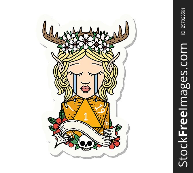 sticker of a crying elf druid character face with natural one D20 dice roll. sticker of a crying elf druid character face with natural one D20 dice roll