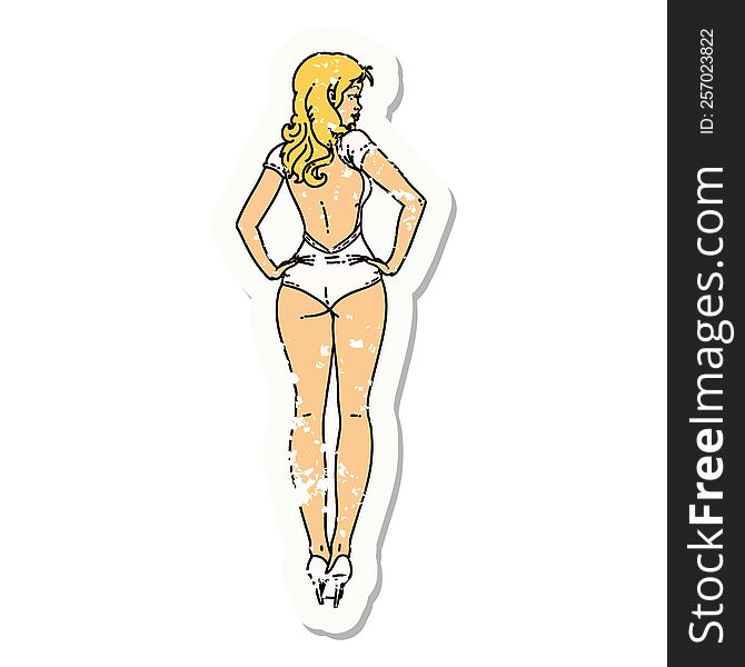 distressed sticker tattoo of a pinup swimsuit girl