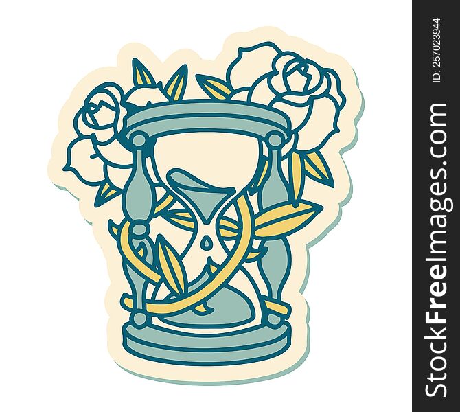 tattoo style sticker of an hour glass and flowers