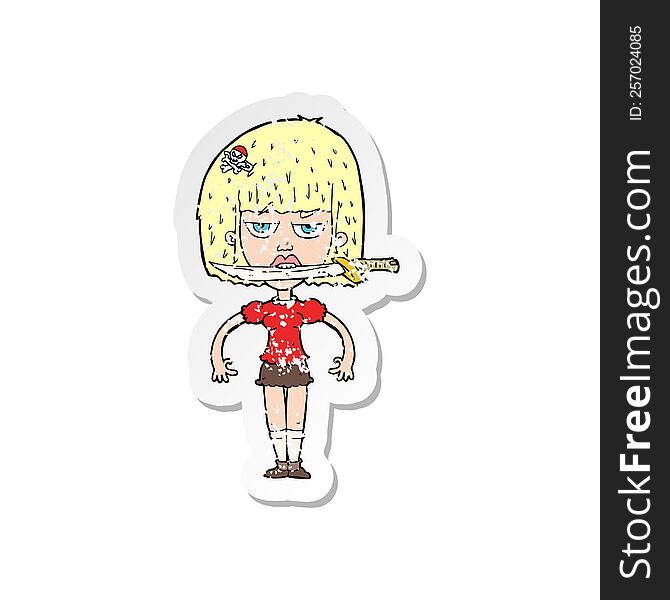 retro distressed sticker of a cartoon woman with knife between teeth