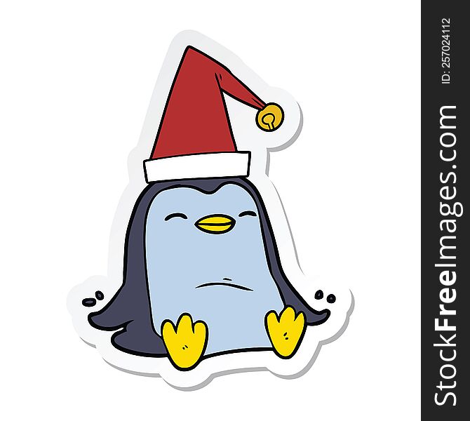 Sticker Of A Cartoon Penguin Wearing Christmas Hat