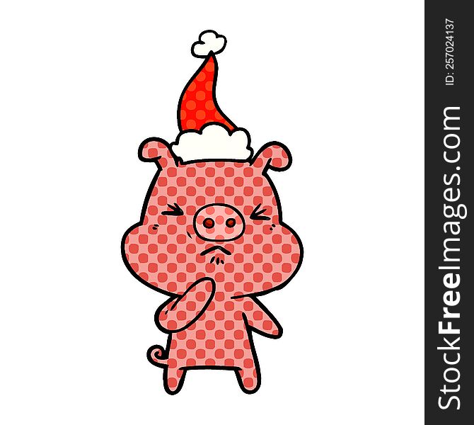 hand drawn comic book style illustration of a angry pig wearing santa hat