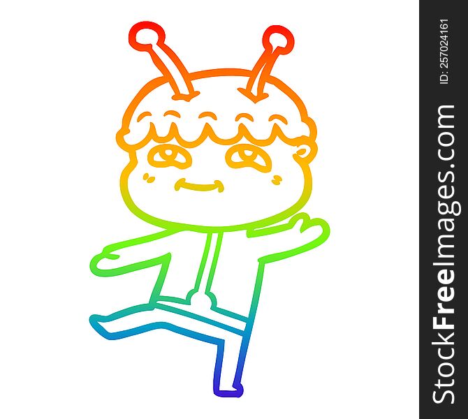 rainbow gradient line drawing of a friendly cartoon spaceman dancing