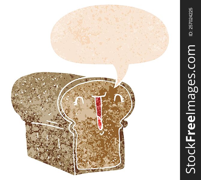 Cute Cartoon Loaf Of Bread And Speech Bubble In Retro Textured Style