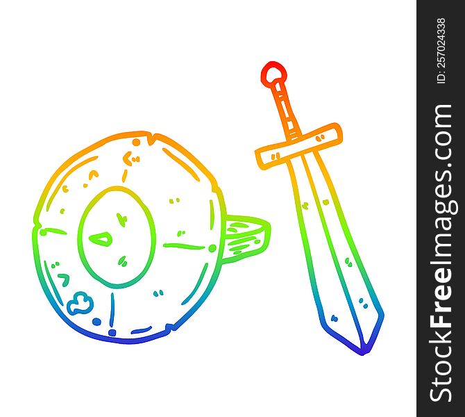 Rainbow Gradient Line Drawing Old Gladiator Shield And Sword