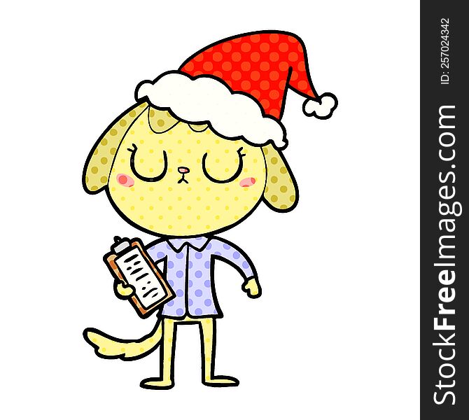 cute comic book style illustration of a dog wearing office shirt wearing santa hat