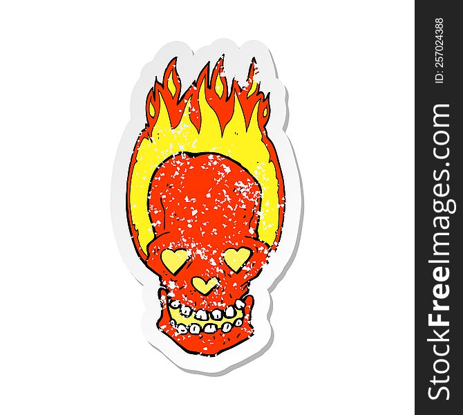 retro distressed sticker of a cartoon flaming skull with love heart eyes