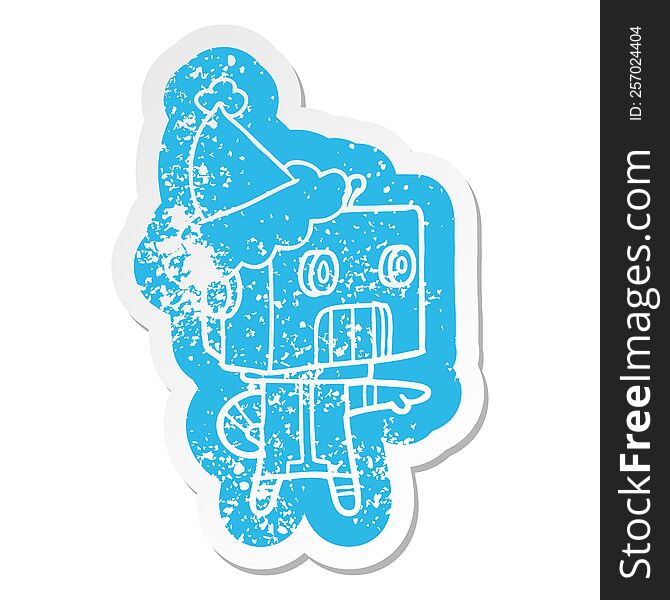 Cartoon Distressed Sticker Of A Robot Wearing Santa Hat