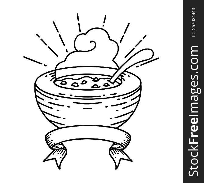 banner with black line work tattoo style bowl of soup