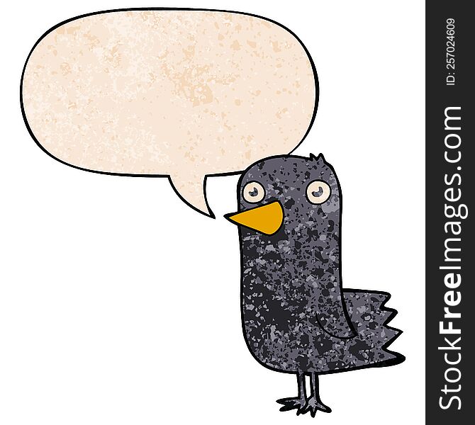 cartoon bird and speech bubble in retro texture style